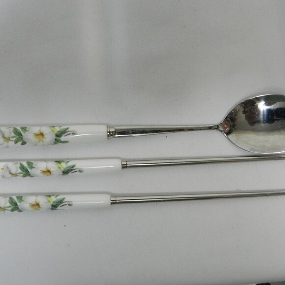 Porcelain Chopstick w/ Long Spoon Set for 5 floral green white 9" Long flatware - Picture 6 of 8